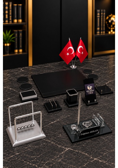 13 Parça Kristal Masa İsimlik Seti Kişiye Özel Newton Denge Toplu Ofis Sümen Takımı Siyah
