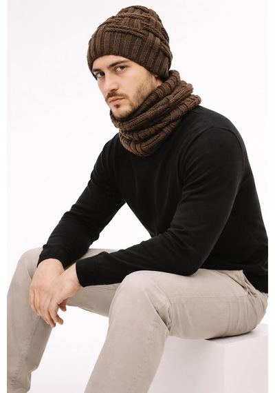 Gönülden Tasarım El Örgüsü Yumuşak Yün Erkek Bere Boyunluk Takım Unisex Kahverengi