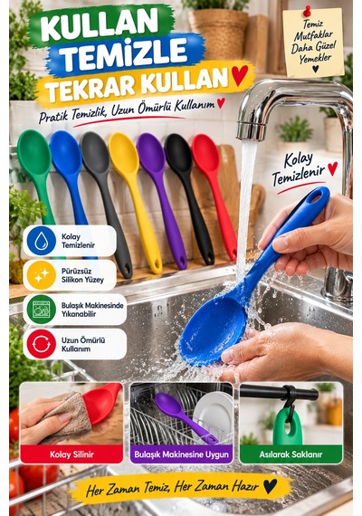 7'li Set Büyük Boy Silikon Kaşık 27 Cm Renkli Yanmaz Mutfak Yemek Pişirme Ve Servis Kaşığı Seti