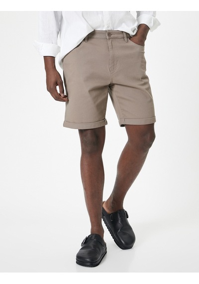 Koton Kumaş Şort Slim Fit Chino Düğmeli Katlı Paça Cep Detaylı Vizon 4sam40107hw