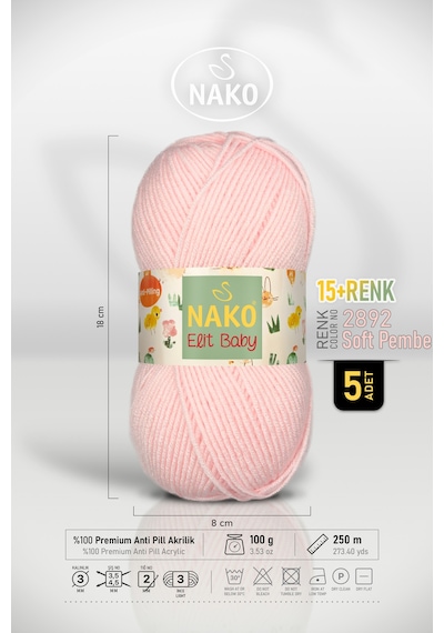 Elit Baby - 2892 Soft Pembe - 5'li Paket - 100gr/250m - Bebek İpi - Anti Pilling Tüylenmez İp