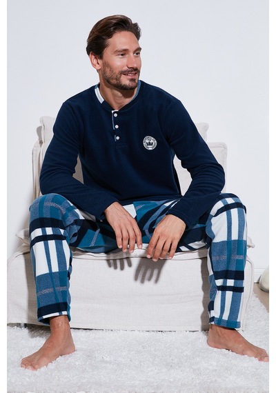 Buratti Ekoseli Regular Fit Düğmeli Bisiklet Yaka Kışlık Polar Erkek Pijama Takımı 60961008 Lacivert