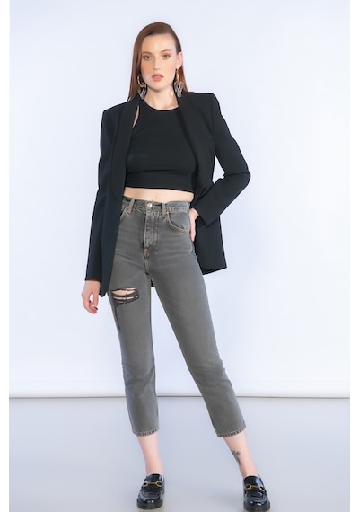 Kirli Mavi Yüksek Bel Lazer Detaylı Mom Jeans - Kirli Mavi