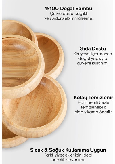 3 Adet Yuvarlak Ahşap Bambu Çerezlik - Çerez Tabağı Sunum Kasesi Lokumluk Sunumluk Kase 9 Cm