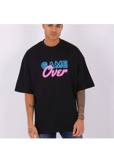 Flood Of Style Erkek Game Over Baskılı Oversize Bisiklet Yaka Tshirt Siyah