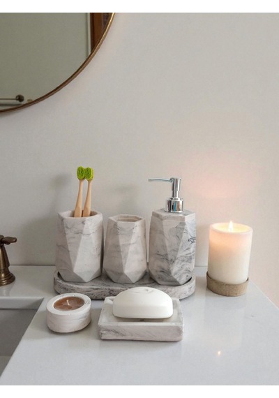 Mermer Desenli Beton Banyo Seti,sıvı Sabunluk ,diş Fırçalığı,kulak Çubukluğu,katı Sabunluk Ve Mumluk Gri
