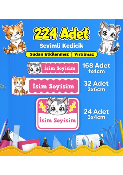 Sevimli Kedi Temalı Okul Kreş Kişiye Özel İsim Etiket Seti - Model 367 Çok Renkli