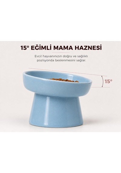 Seramik Kedi Köpek Mama Ve Su Kabı Eğimli Ve Yükseltilmiş Mama Kabı, Boyun Ve Omurgayı Destekleyen Ergonomik Tasarım, Kolay Temizlenebilir Mavi