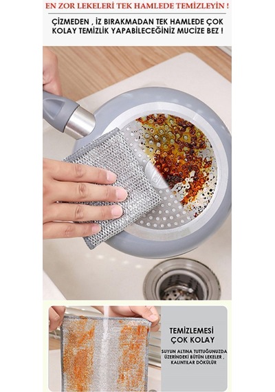 Mainshop 5 Adet Tel Bulaşık Bezi Çizmez Bulaşık Teli Çelik Bez 20x20 Cm Çift Katmanlı M-602 Gri