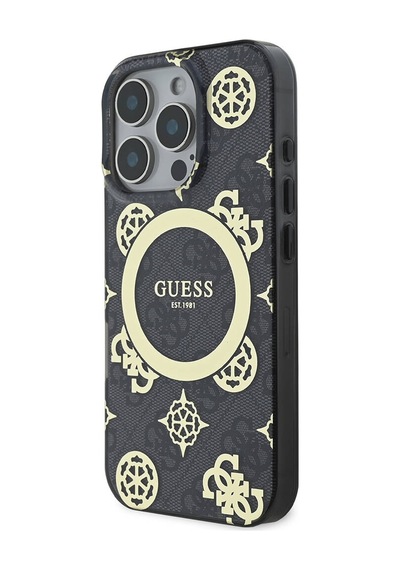 Apple Uyumlu iPhone 16 Pro Kılıf Guess Lisanslı Magsafe Özellik Iml Peony Ve 4g Desen Klasik Logolu Siyah