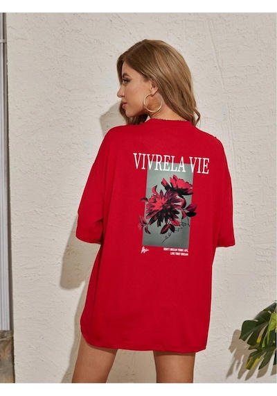 Flood Of Style Unisex Kırmızı Vivre La Vie Baskılı Oversize Bisiklet Yaka Penye Tişört