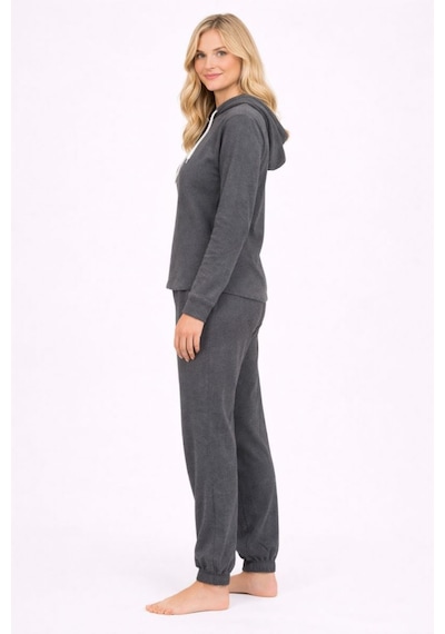 Burcumay Kadın Kapüşonlu Kışlık Gri Eşofman Pijama Takımı Gri