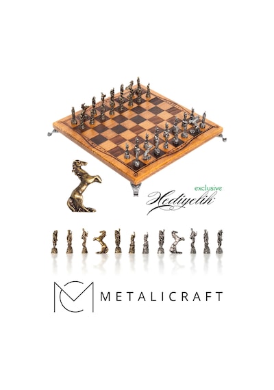 Mc97 - Çin Antik Figürlü Metal Taşlar 30x30cm Gerçek Kayın Tahtası - Hediyelik Satranç Takımı