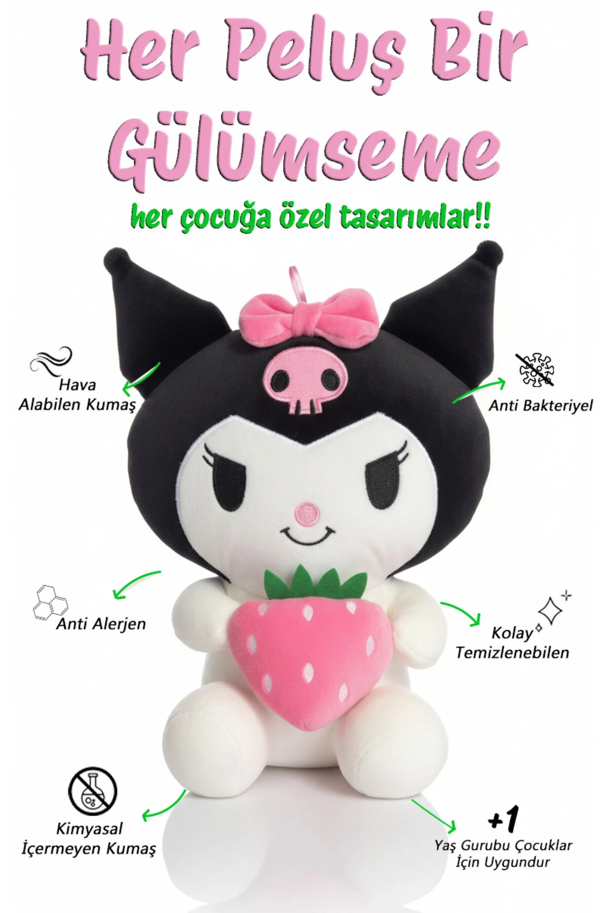 Kuromi Pembe Çilekli 40 Cm Tatlı & Hediye Edilebilir Oyuncak Siyah
