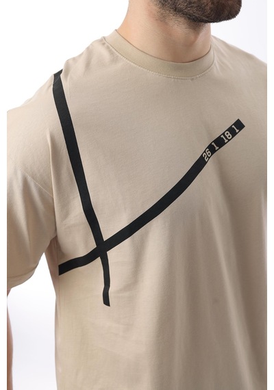 Madmext Bej Bisiklet Yaka Şerit Detaylı Pamuklu Erkek T-shirt E7033 Bej