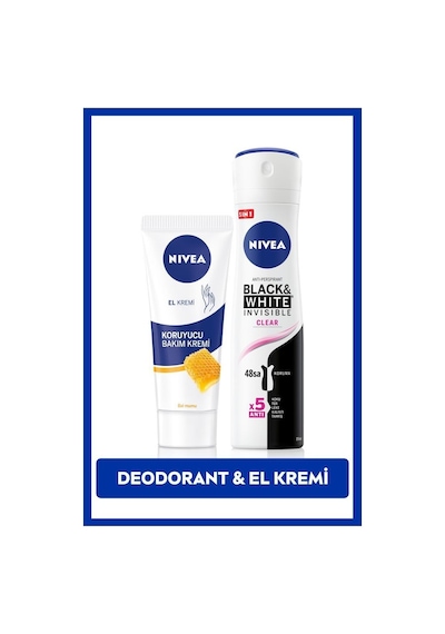 Nivea Black & White Invisible Clear Kadın Sprey Deodorant 150 ML + Nemlendirici ve Korucuyu El Bakım Kremi 75 ML