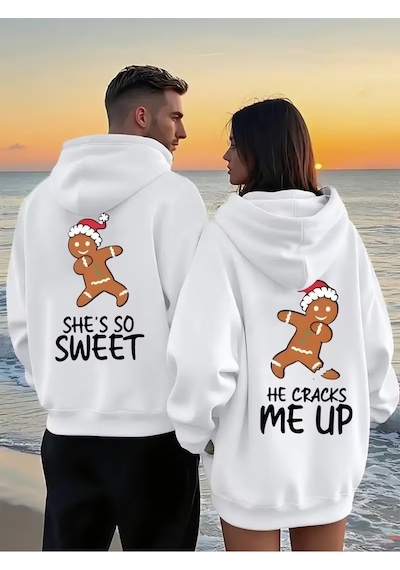 Nevermind Sevgili Çift Kombin Hoodie Gingerbread Baskılı Oversize Kapüşon Beyaz