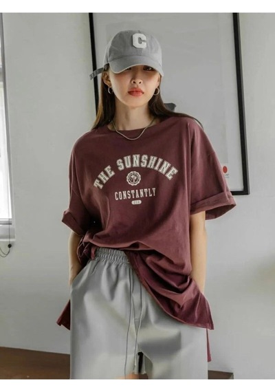Flood Of Style Kadın Kahverengi Beyaz The Sunshine Baskılı Oversize Bisiklet Yaka Tshirt
