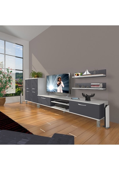 Decoraktiv Eko On Mdf Dvd Krom Ayaklı Tv Ünitesi Tv Sehpası Beyaz - Antrasit