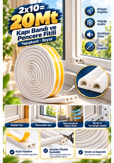 Kapı Bantı Ve Pencere Fitili Bandı Yapışkanlı Beyaz 2 x 10 M