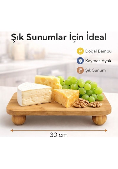 Bambu Top Mantar Ayaklı Dikdörtgen Sunumluk 20x30 Cm Şık Pasta & Tatlı Servis Tabağı Kahverengi