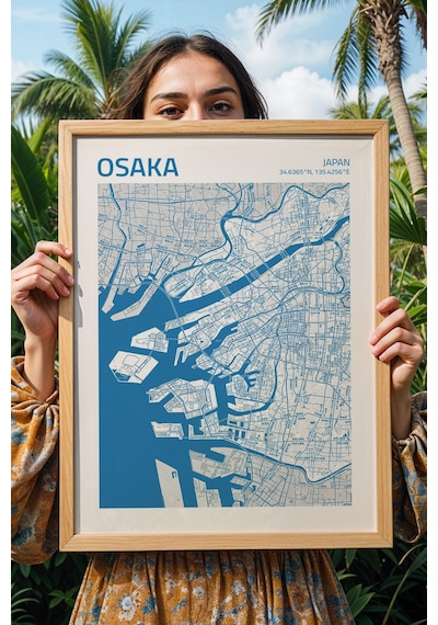 Osaka Japonya Japan Haritası Çerçeveli Tablo Lüks Salon Ofis Duvar Dekorasyonu Hediyelik Tablo Kayın