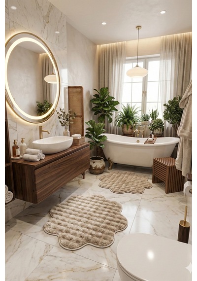 Bubble Papatya Banyo Paspası 2'li Set Pofuduk Yumuşak Peluş Kaymaz Taban Dekoratif Banyo Halısı Kum