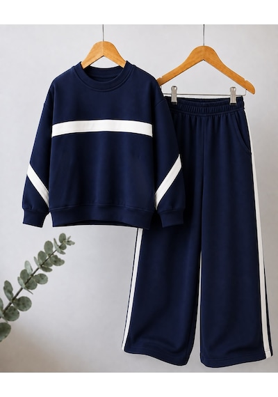 Kokoş Bebe Şerit Detaylı Oversize Kız Çocuk Eşofman Takımı - 3/10 Yaş - 31781 Lacivert