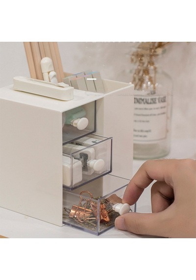 Masaüstü Kalemlik Organizer 7 Bölmeli Kawaii Kapaklı Mini Çekmeceli Kalemlik - Beyaz Beyaz
