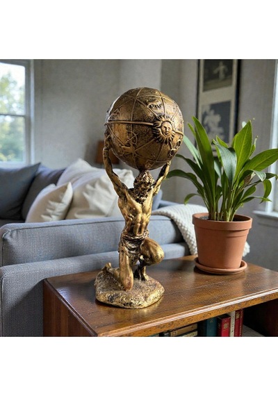 Atlas Heykeli Dünya Küreli Dekoratif Biblo Mitolojik Tasarım 20 Cm Antik Bronz Görünüm