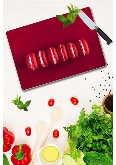 20x30 cm Kırmızı Makaron Desenli Cam Kesim Tablası