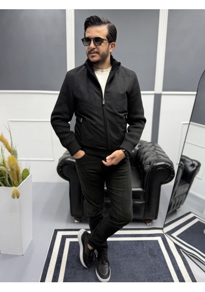 Avni Ceylan Erkek Nubuk Triko Kol Detaylı Slim Fit Mont Siyah
