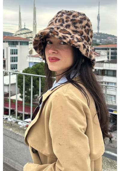 Mollycrush Kadın Kışlık Leopar Desenli Peluş Şapka Soğuk Geçirmez Sıcak Tutan Bucket Camel Leopar