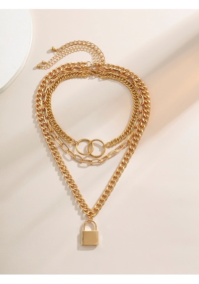 Altın Rengi Kilit Ve Halka 3 Katmanlı Kolye Çok Renkli