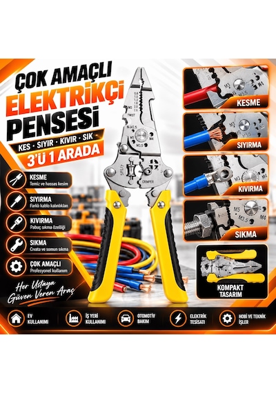 3 Ü 1 Arada Çok Amaçlı Elektrikçi Pensesi Kablo Kesme Sıyırma Ve Kıvırma Fonksiyonlu Ergonomik El Aleti