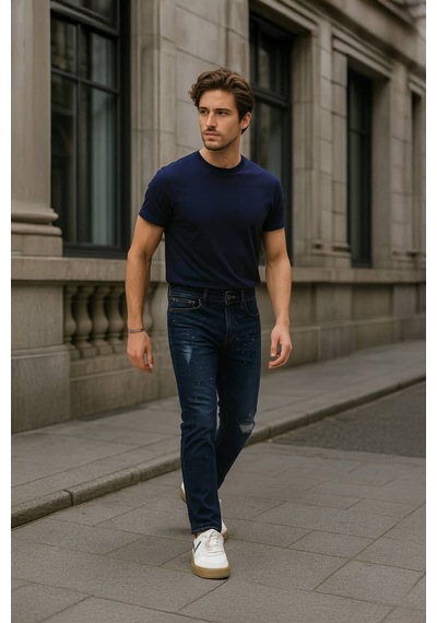 Blue White Erkek Dizi Yırtık Slim Fit Boya Detay Jean Pantolon Lacivert 36