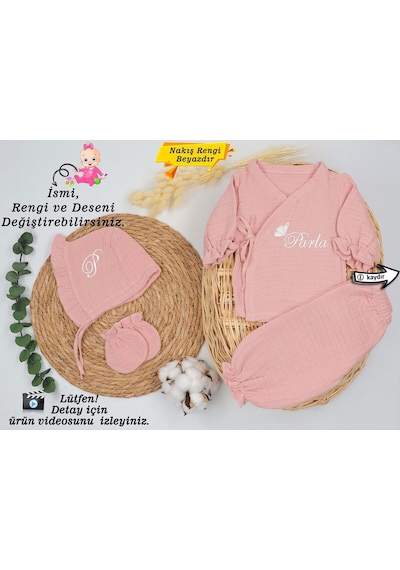 Gros Shop Yeni Doğan Müslin 4'lü Kimono Bağcıklı Tulum %100 Pamuk Organik Pembe