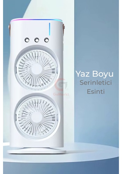 Şarjlı Kumandalı Çift Fanlı Işıklı Su Püskürtmeli Buzlu Nemlendiricili Döner Serinletici Vantilatör