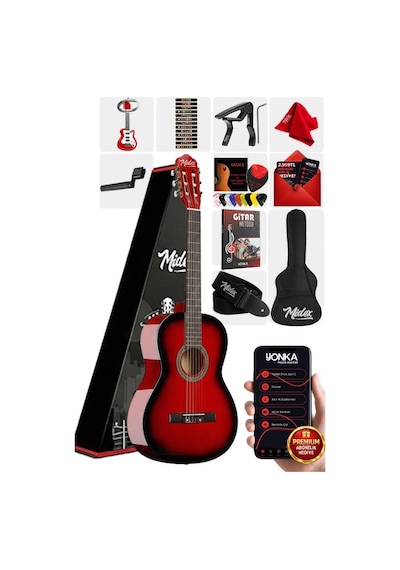 Midex Cg-270rd Kırmızı Renk Klasik Gitar 4/4 Yetişkin Boy Sap Ayarlı Full Set