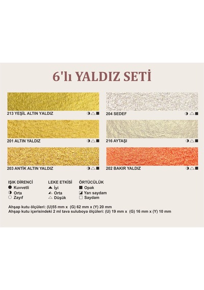 Şemse Mührelenebilir El Yapımı Sanatsal Yarım Tava Yaldız Suluboya 6'lı
