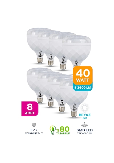 40w Kristal Tasarruflu E27 Beyaz Işık Torch Led Ampul 8 Adet 8 Adet