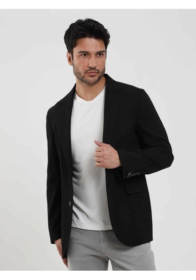Dufy Siyah Erkek Slim Fit Çizgili Sivri Yaka Ceket - 104443-siyah Siyah