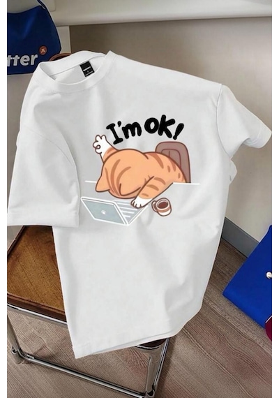 Yorgun Kedi İllüstrasyonlu Unisex Tasarım Tişört Beyaz