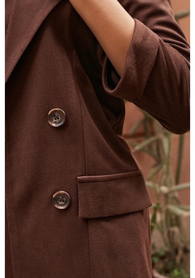 Kadın Süet Dokulu Kumaş Yakalı Capri Kol Cep Kapaklı Blazer Ceket-kahve Kahve