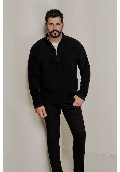 Erkek Sıyah Anti-pilling Tüylenme Yapmayan Standart Fit Dik Yaka Polar Sweatshirt Siyah