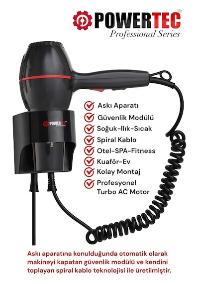 Powertec TR-301 Askı Aparatlı Otel Tipi Profesyonel Saç Kurutma & Fön Makinesi
