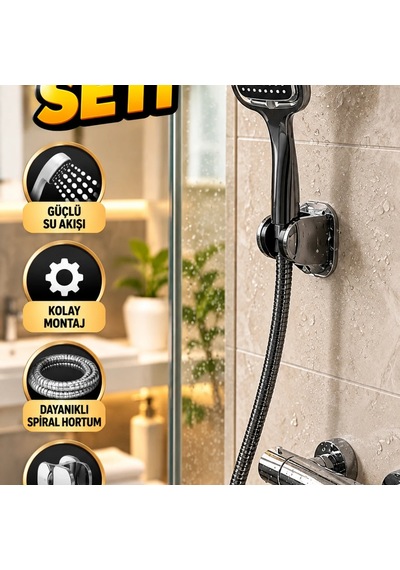 Siyah El Duşu Seti Spiral Hortum Ve Duvar Askılı Banyo Duş Başlığı Çok Renkli