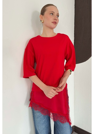 Verymoda Dantel Ve Saten Detaylı Asimetrik Tişört D2942 Kirmizi