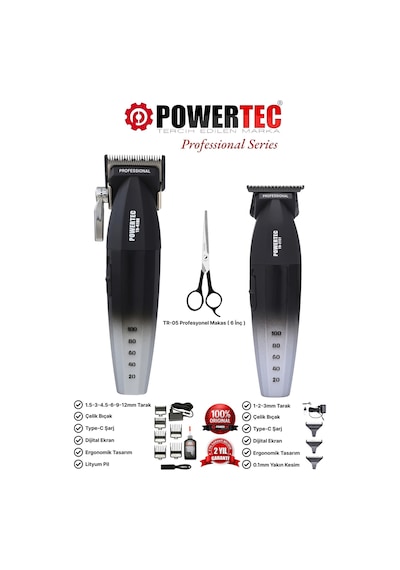 Powertec TR-4100 & TR-2727 Profesyonel Tıraş Makinesi 2'li Set Erkek Bakım Seti Makas Hediyeli 4 Saat Siyah