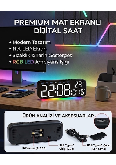 Büyük Led Dijital Çalar Saat Rgb Renkli Gece Lambası Saat Tarih Gün Sıcaklık Göstergeli Masa Ve Yatak Odası Saati Siyah
